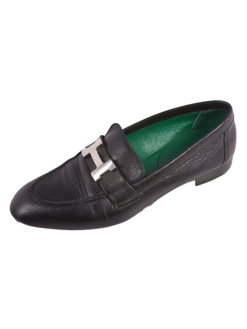 Hermes Loafers Moccasins Paris Constance H Logo Leather Shoes Black